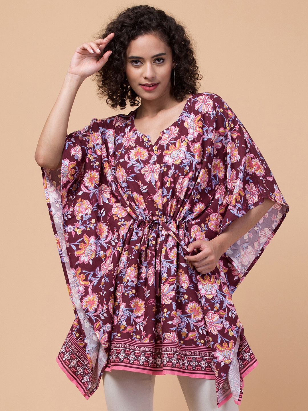

Hive91 Floral Printed Kimono Sleeves Kaftan Top, Maroon