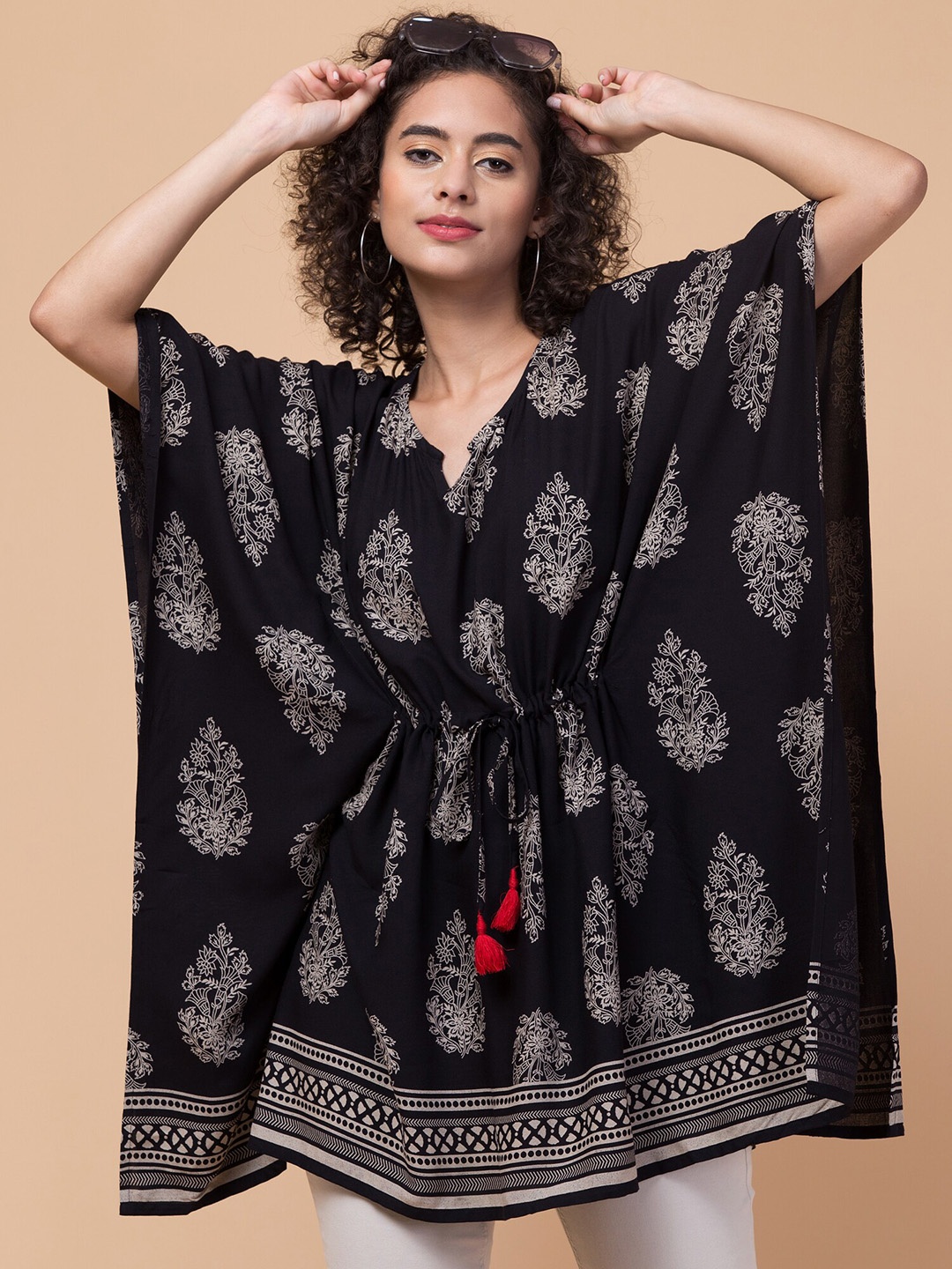 

Hive91 Ethnic Motifs Printed Kimono Sleeves Kaftan Top, Black