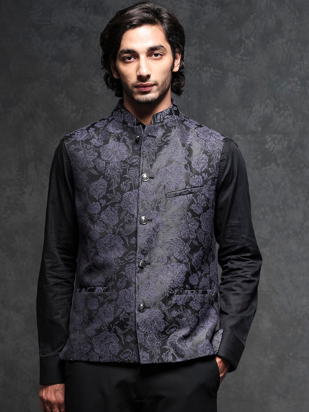 

RARE RABBIT Men Colac Slim Fit Floral Printed Nehru Jackets, Navy blue