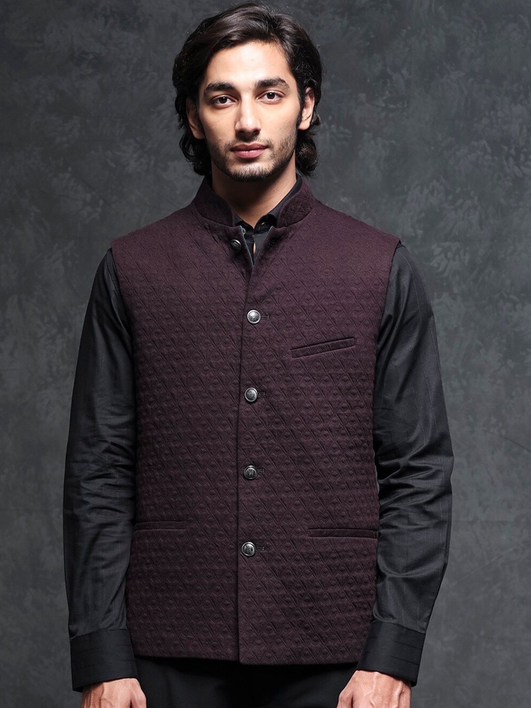 

RARE RABBIT Men Mitzi Tailored Fit Textured Nehru Jackets, Maroon