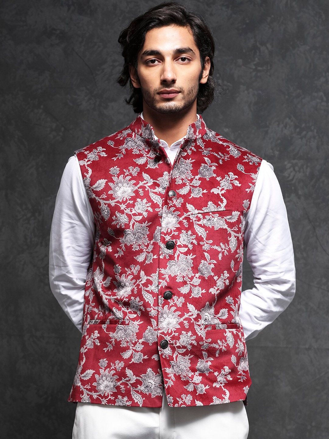 

RARE RABBIT Men Camero Slim Fit Floral Printed Nehru Jacket, Red