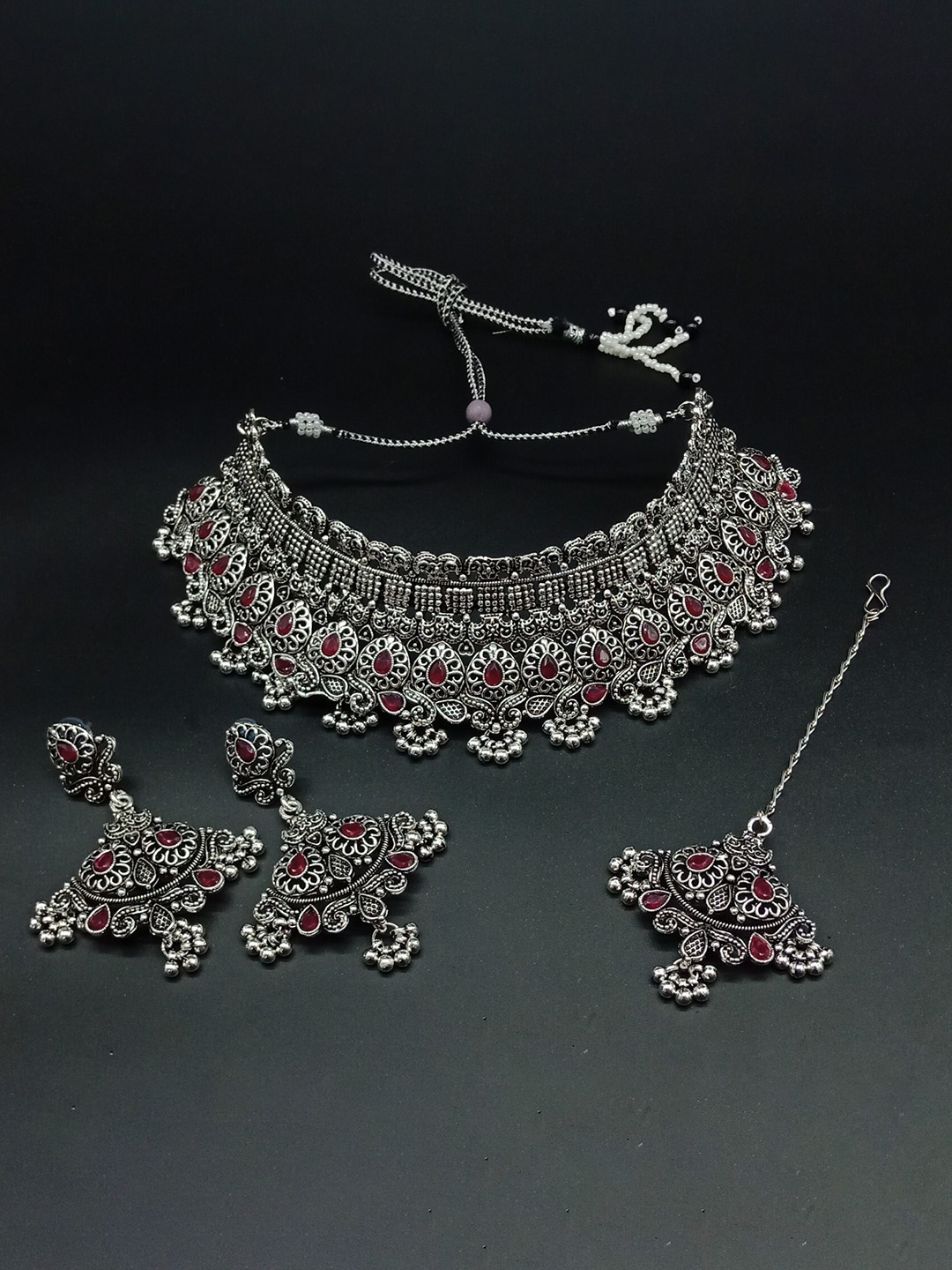 

AASHISH IMITATION Rhodium-Plated Kundan-Studded Jewellery Set With Maang Tikka, Silver