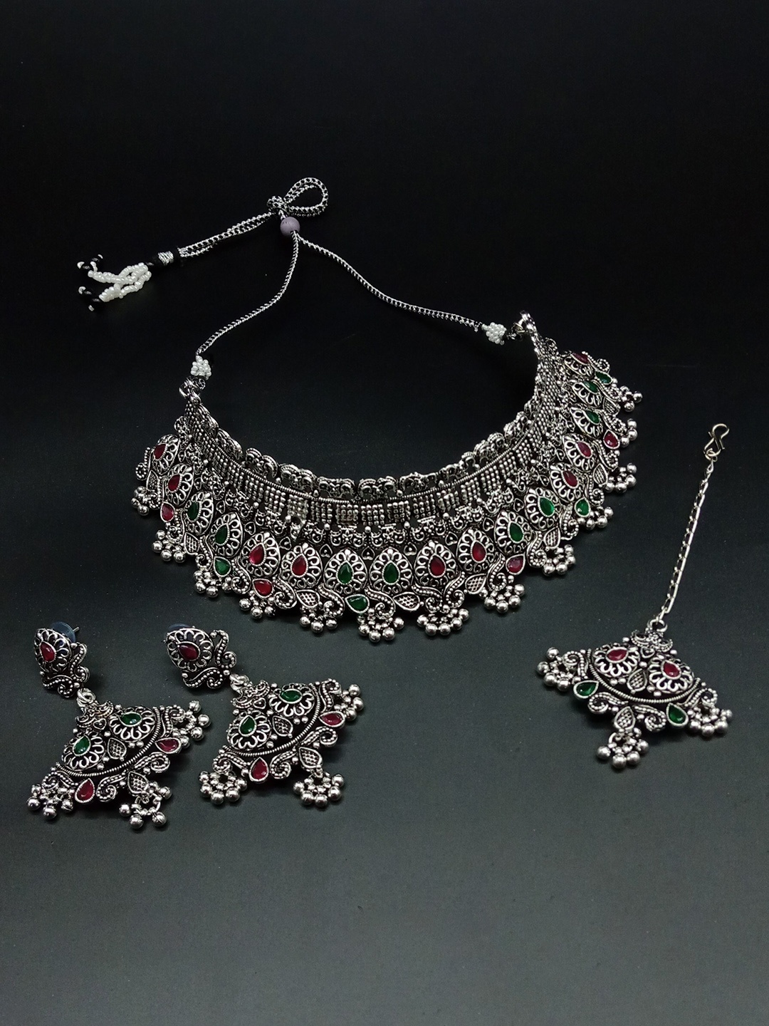 

AASHISH IMITATION Rhodium-Plated Kundan Studded Oxidised Necklace Jewellery Set, Silver