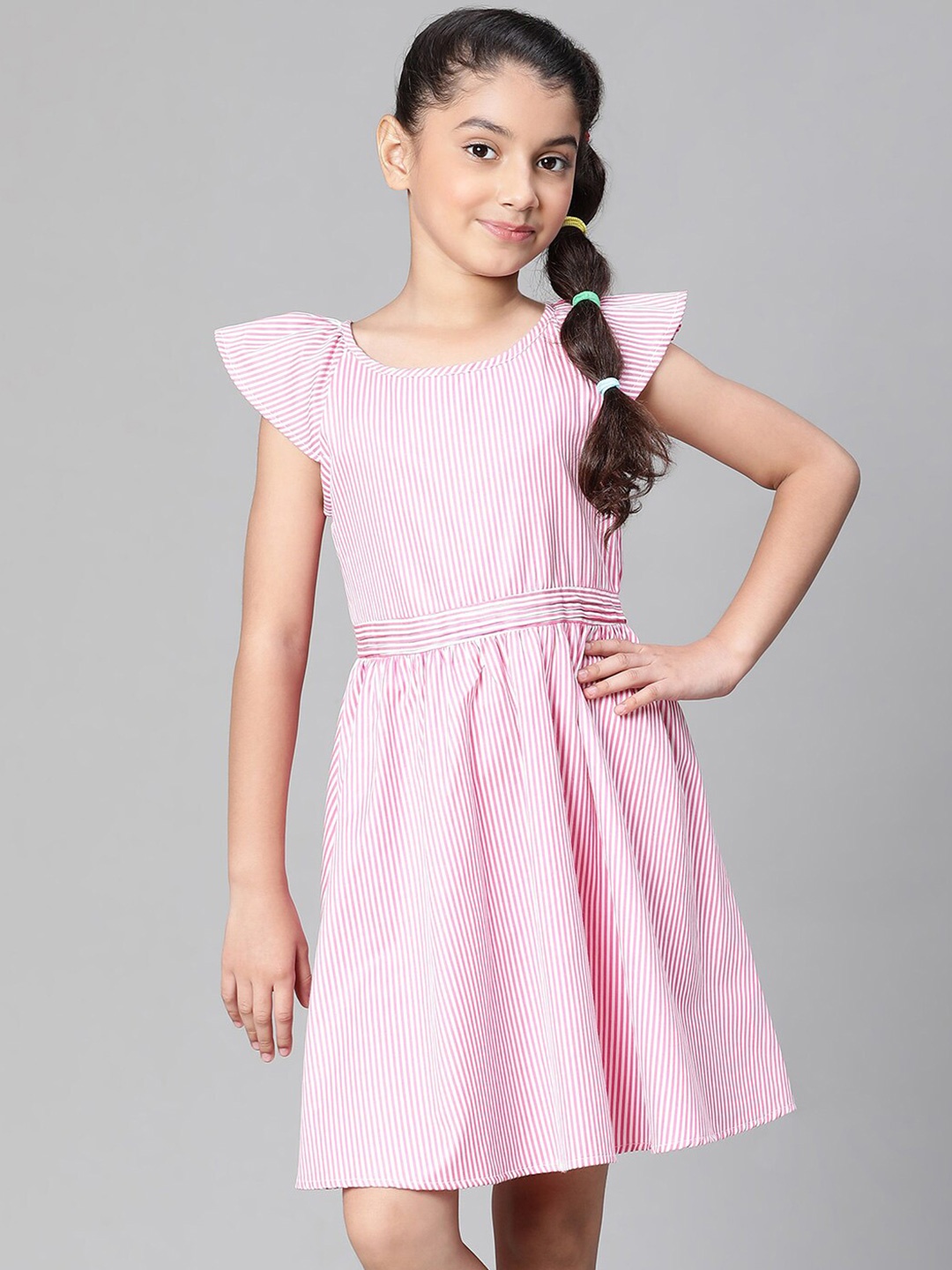 

Oxolloxo Girls Striped Cap Sleeves Organic Cotton A-Line Dress, Pink