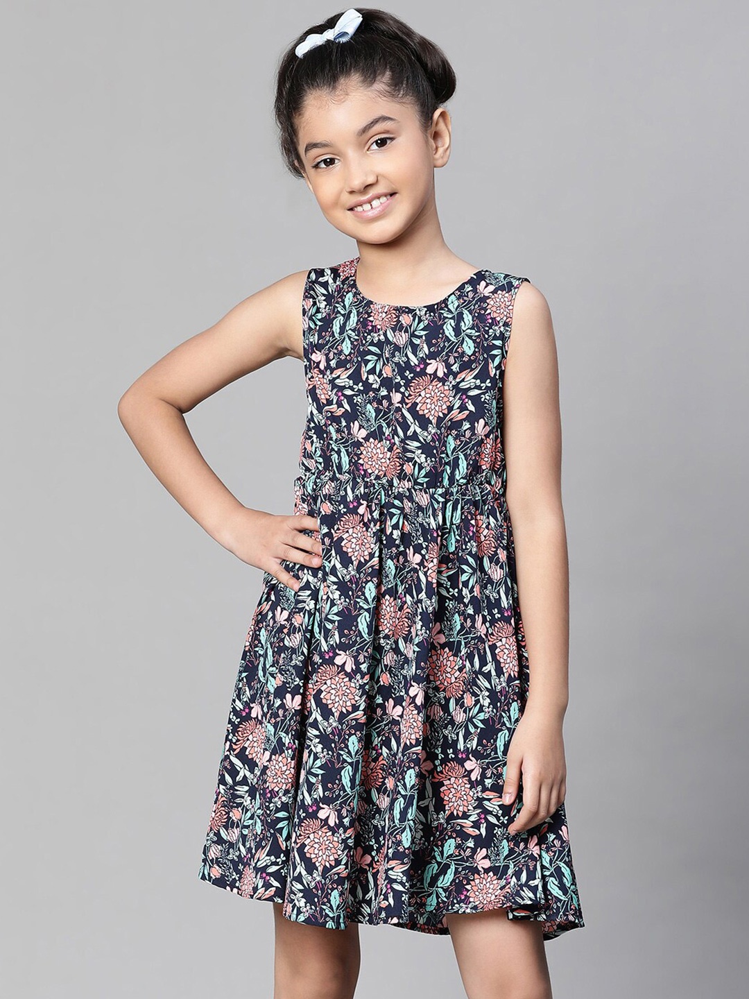 

Oxolloxo Girls Floral Print Sleeveless Round Neck Dress, Navy blue