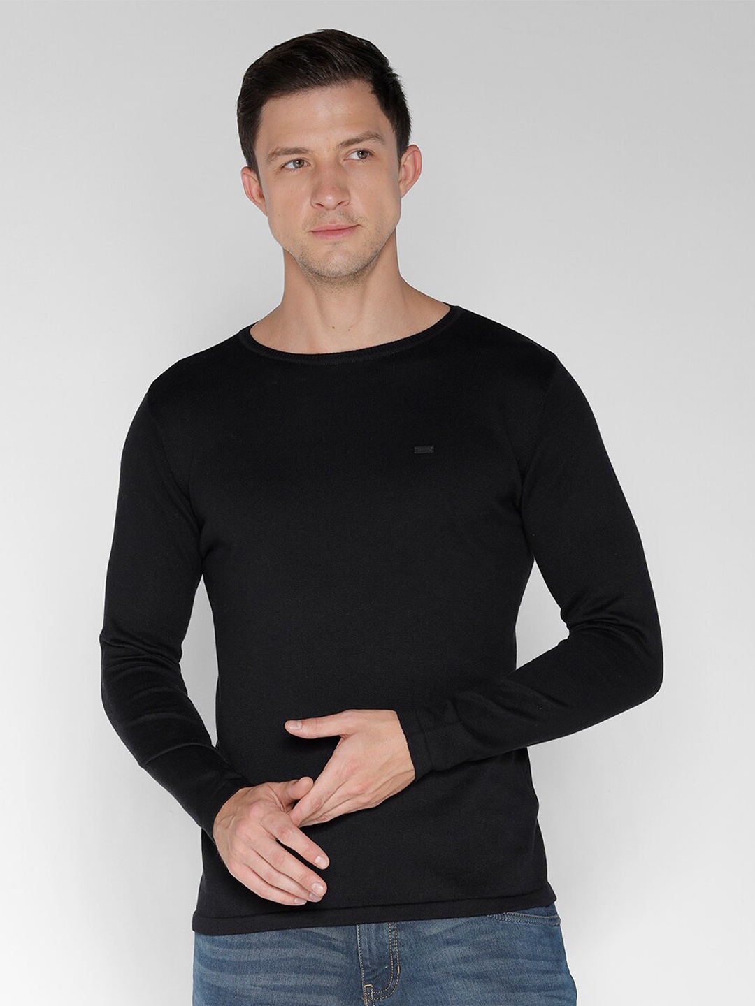 

IDENTITI Round Neck Long Sleeves Pure Cotton Pullover Sweaters, Black