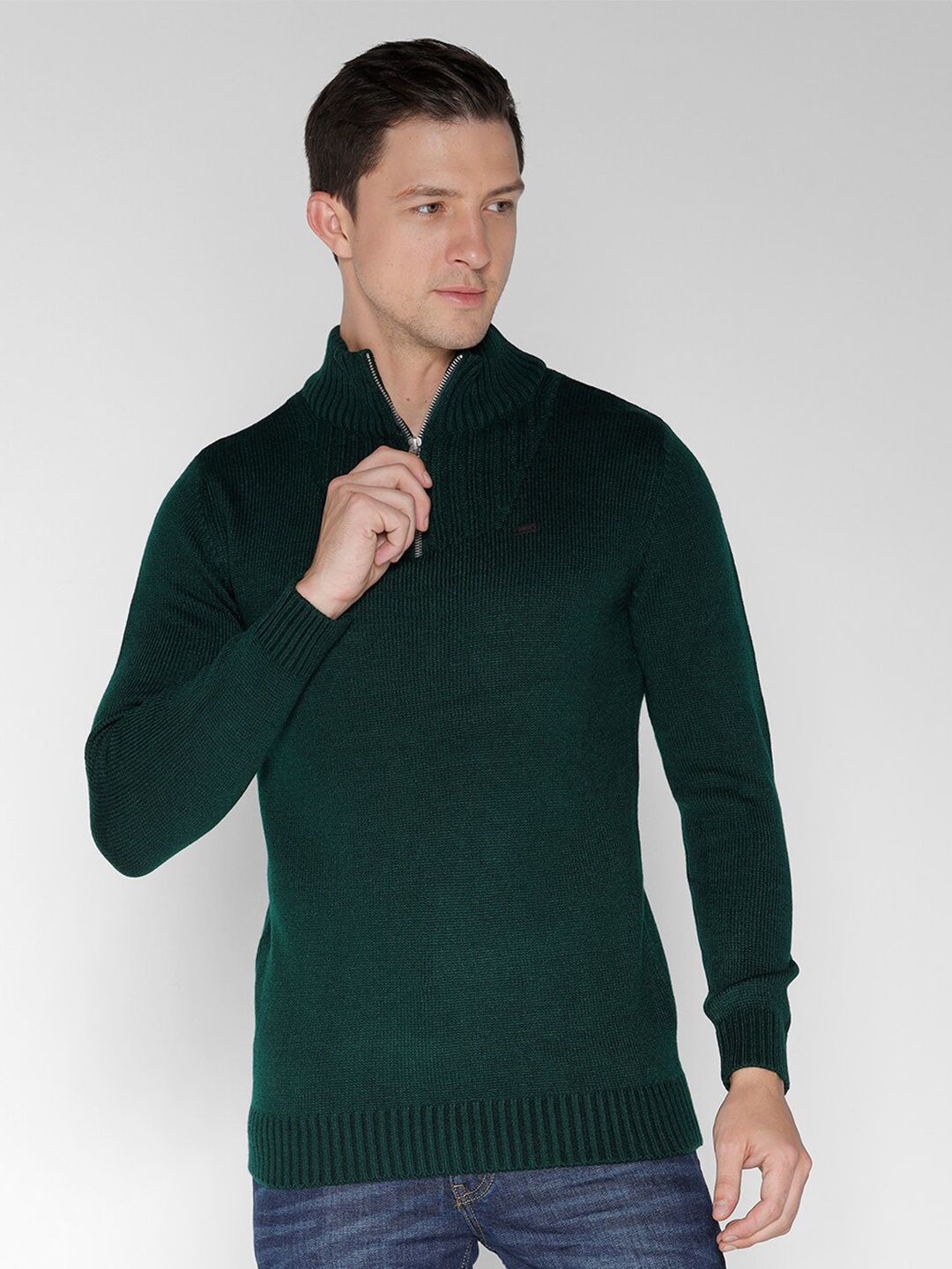 

IDENTITI Mock Collar Long Sleeves Pure Cotton Pullover Sweaters, Green