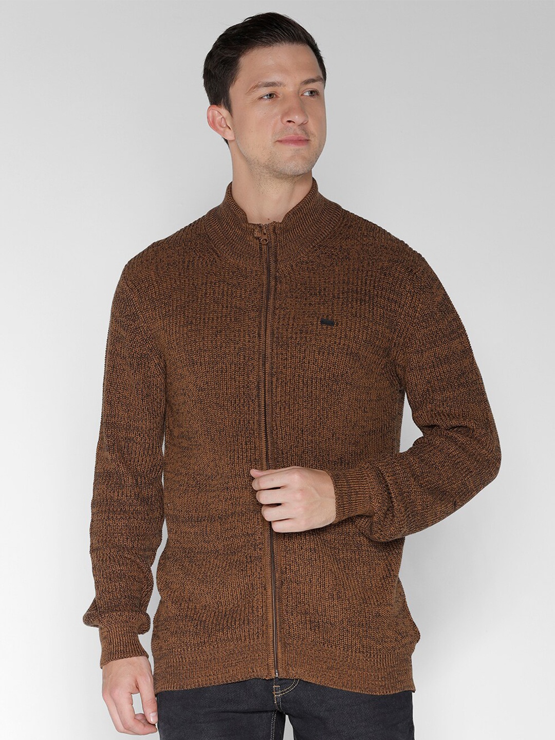 

IDENTITI Mock Neck Long Sleeve Pure Cotton Front-open Sweater, Brown