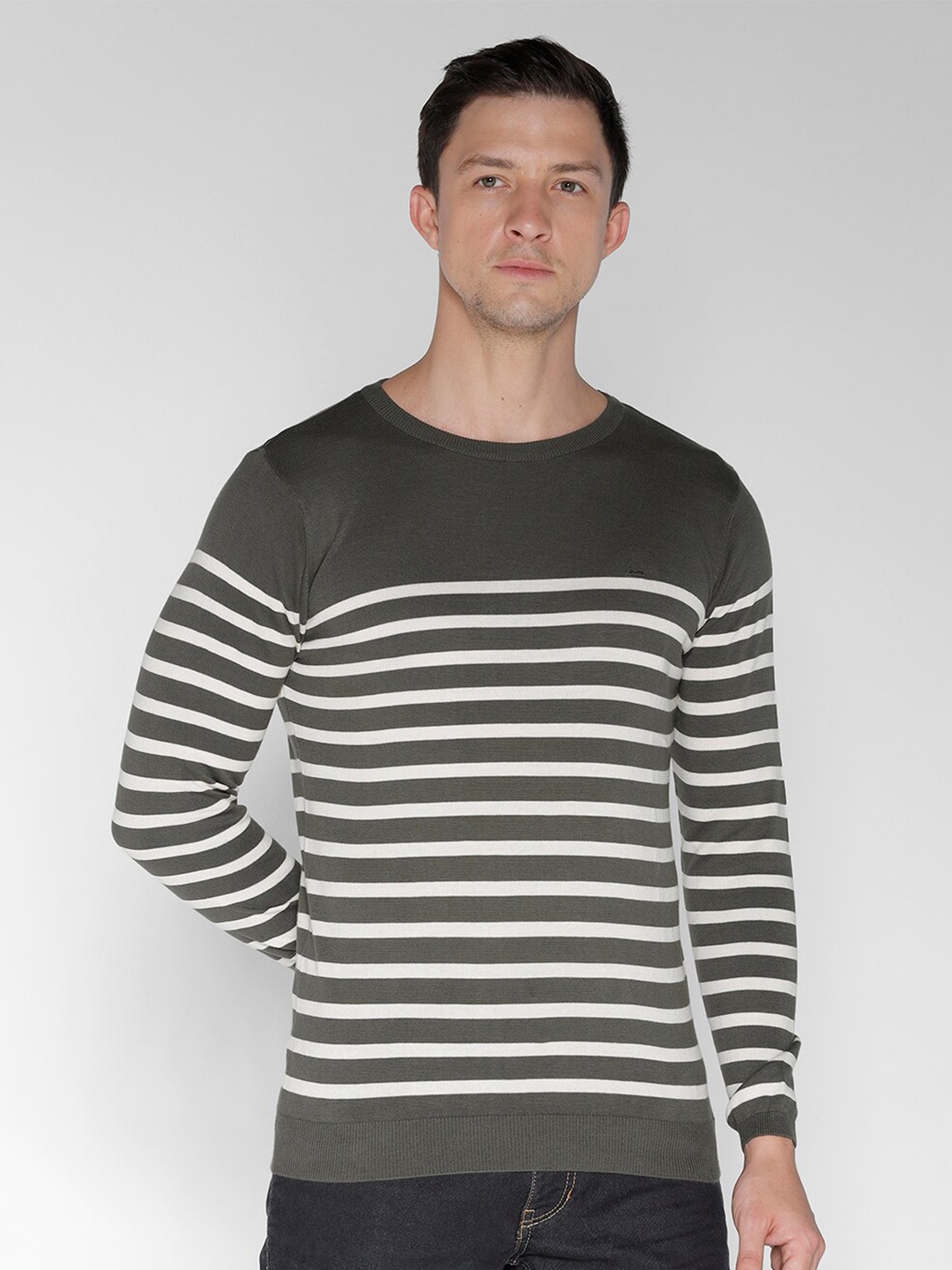 

IDENTITI Striped Long Sleeve Pure Cotton Pullover Sweaters, Olive