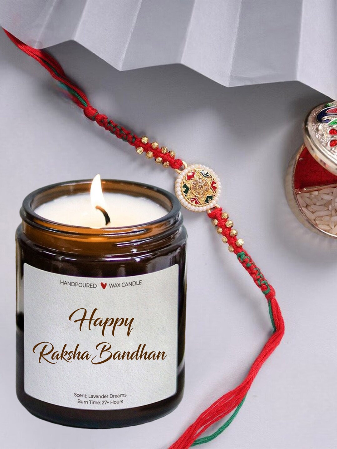 

Aromatic Fables Beaded Rakhi with Lemongrass Scented Candle, White