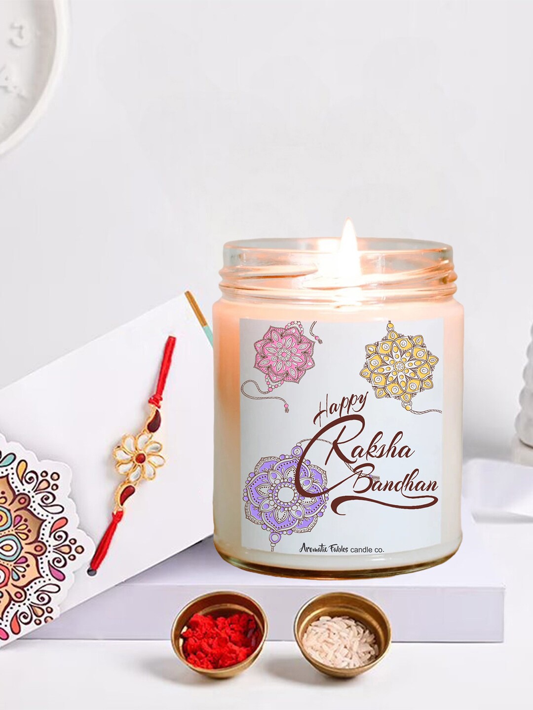 

Aromatic Fables Lavender Scented Candle with Raksha Bandhan Gift Pack, White