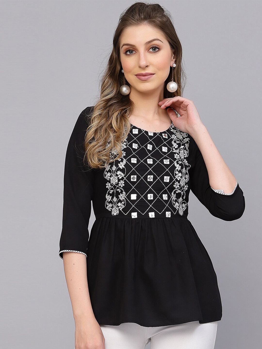 

Selvia Floral Embroidered Round Neck A-Line Top, Black