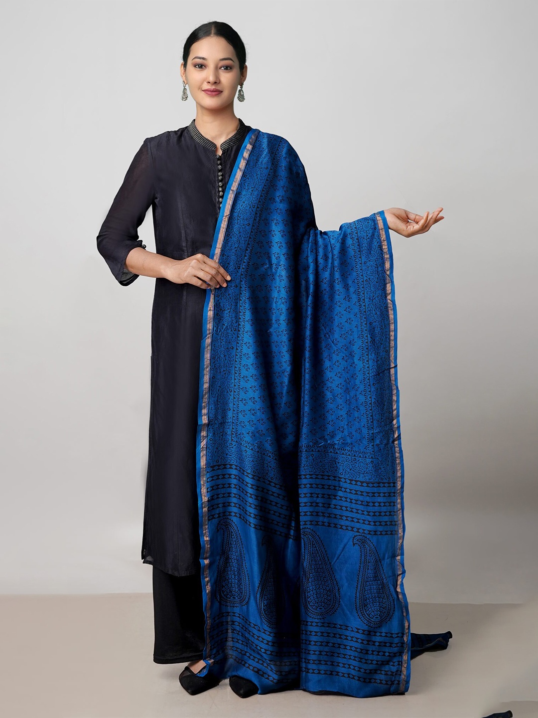 

Unnati Silks Ethnic Motifs Printed Pure Cotton Dupatta With Zari, Blue