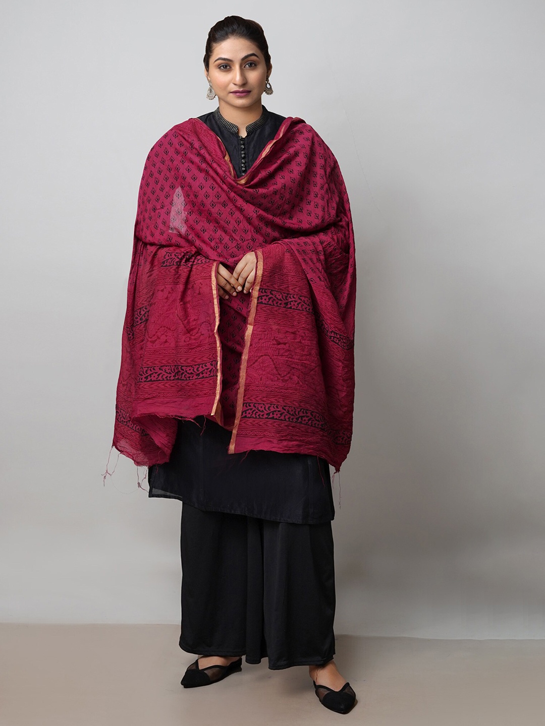 

Unnati Silks Ethnic Motifs Printed Pure Cotton Dupatta With Zari, Maroon