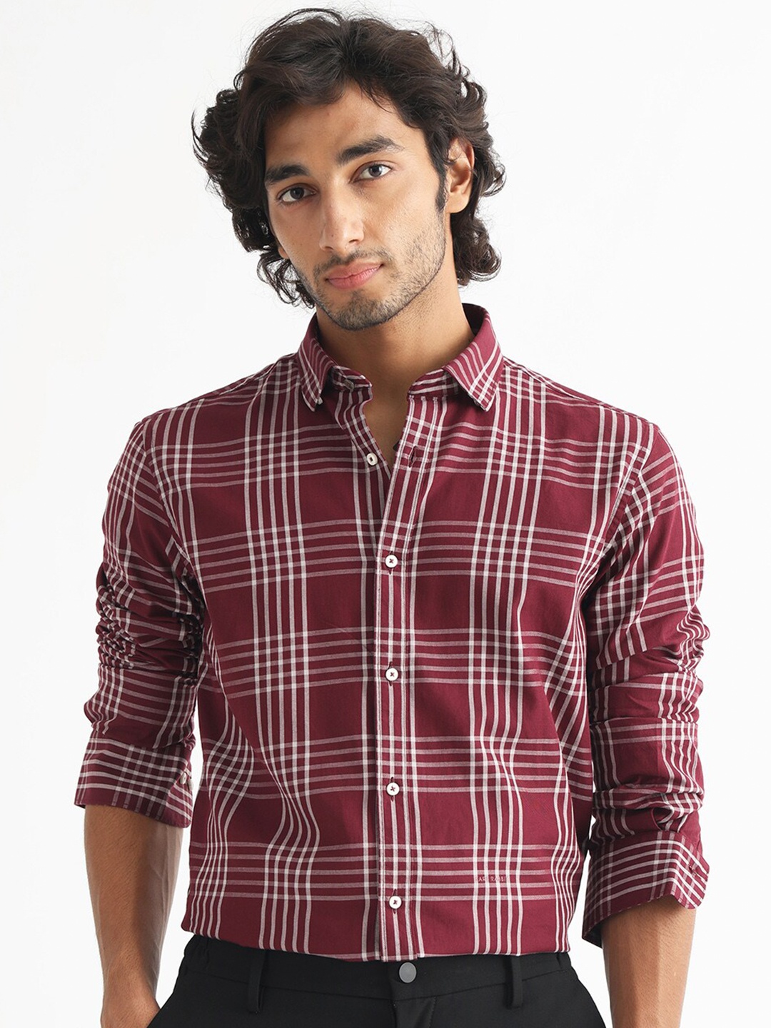 

RARE RABBIT Men Kolind Slim Fit Tartan Checked Cotton Shirt, Maroon