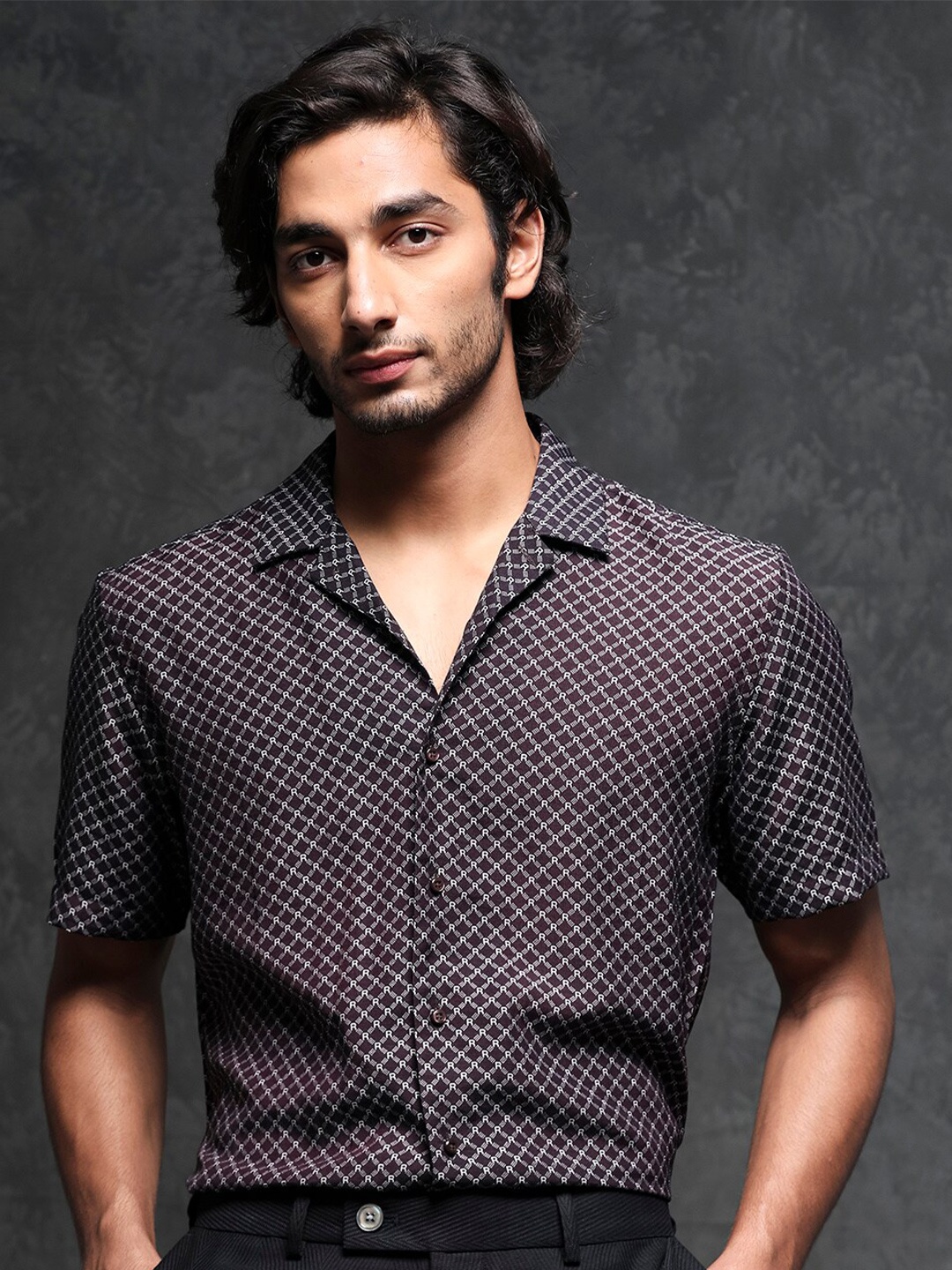 

RARE RABBIT Men Chart Geometric Printed Slim Fit Shirt, Brown
