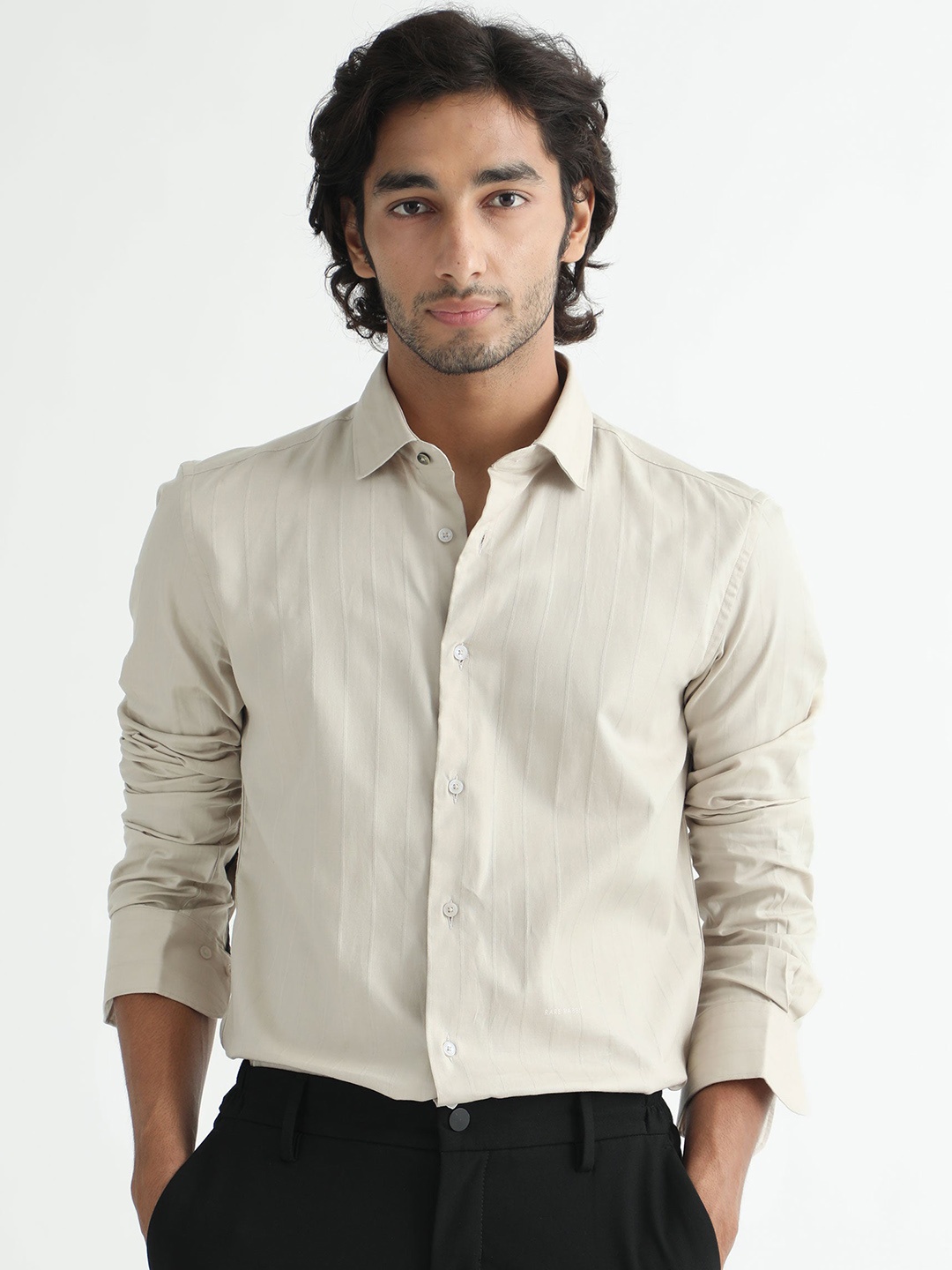

RARE RABBIT Men Gazan Slim Fit Spread Collar Cotton Shirt, Beige