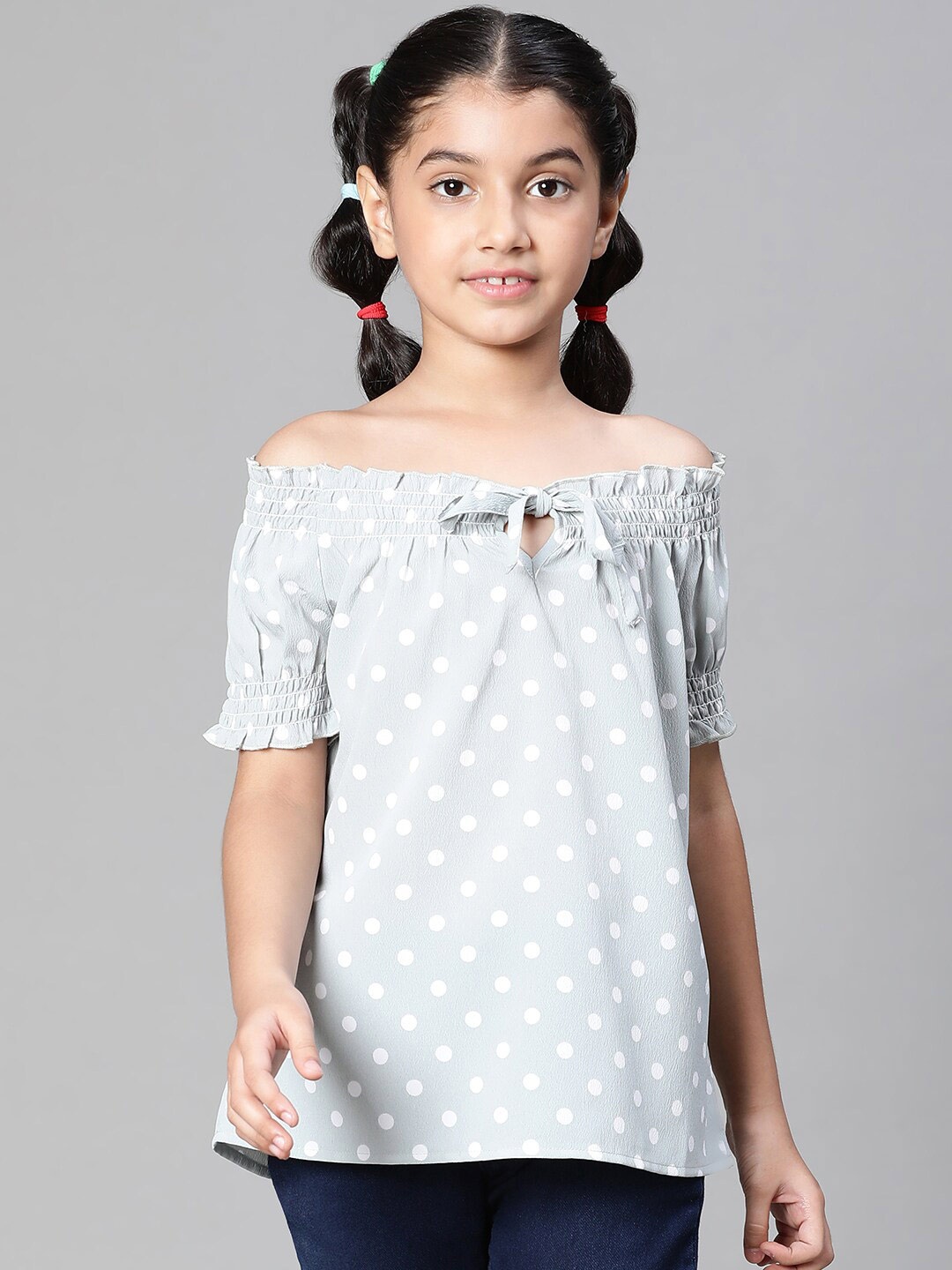 

Oxolloxo Girls Polka Print Tie-Up Round Neck Top, Grey