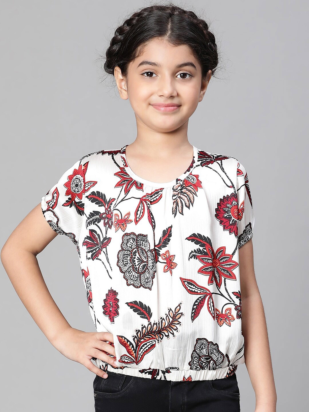 

Oxolloxo Girls Floral Printed Puff Sleeves Blouson Top, White