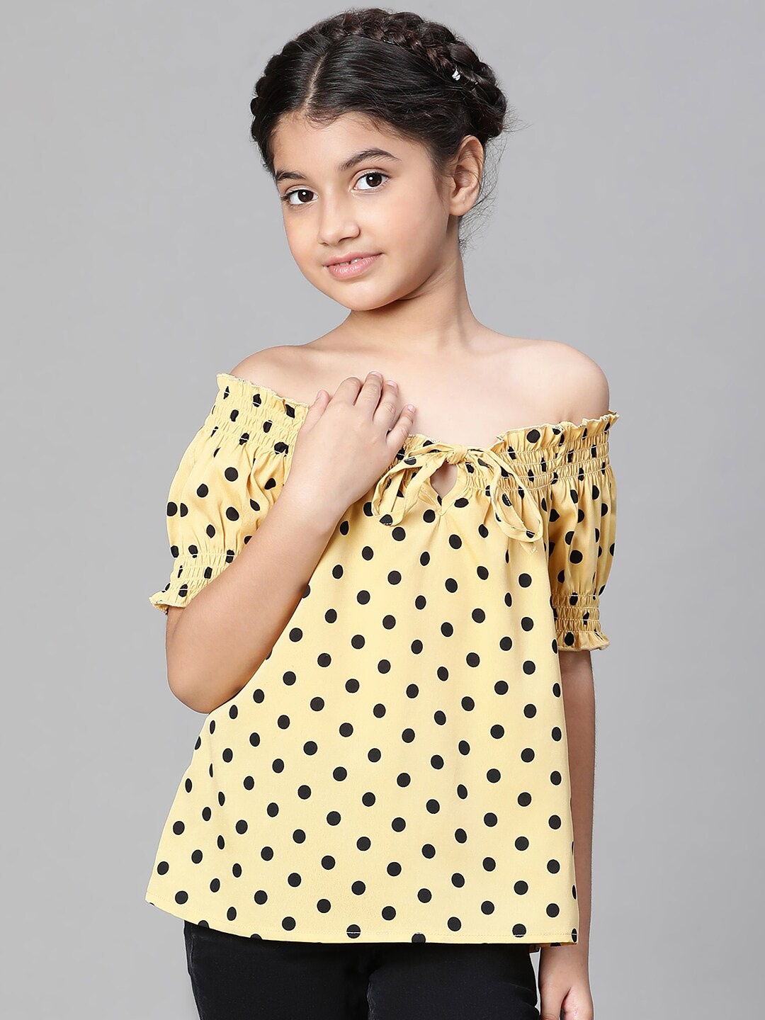 

Oxolloxo Girls Polka Dot Print Tie-Up Round Neck Top, Yellow