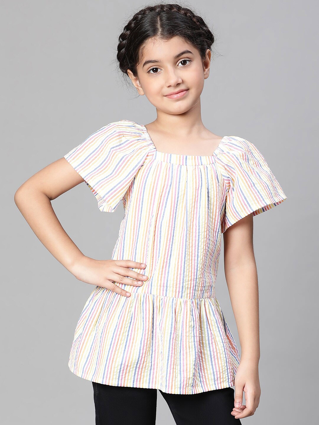 

Oxolloxo Girls Striped Print Round Neck Cotton Girl Top, Cream