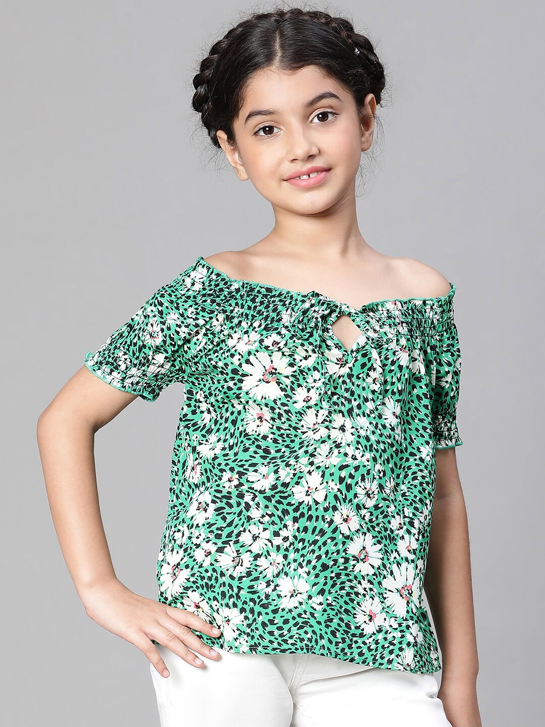 

Oxolloxo Girls Floral Printed Off-Shoulder Smocked Tie-Up Detail Bardot Top, Green