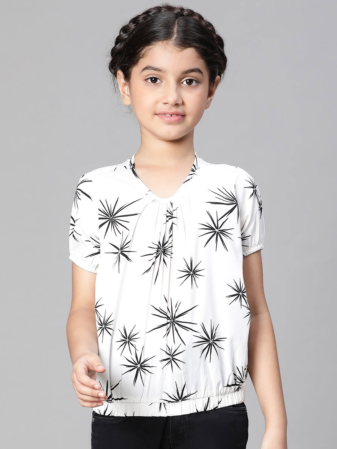 

Oxolloxo Girls Floral Print Round Neck Elasticated Top, White