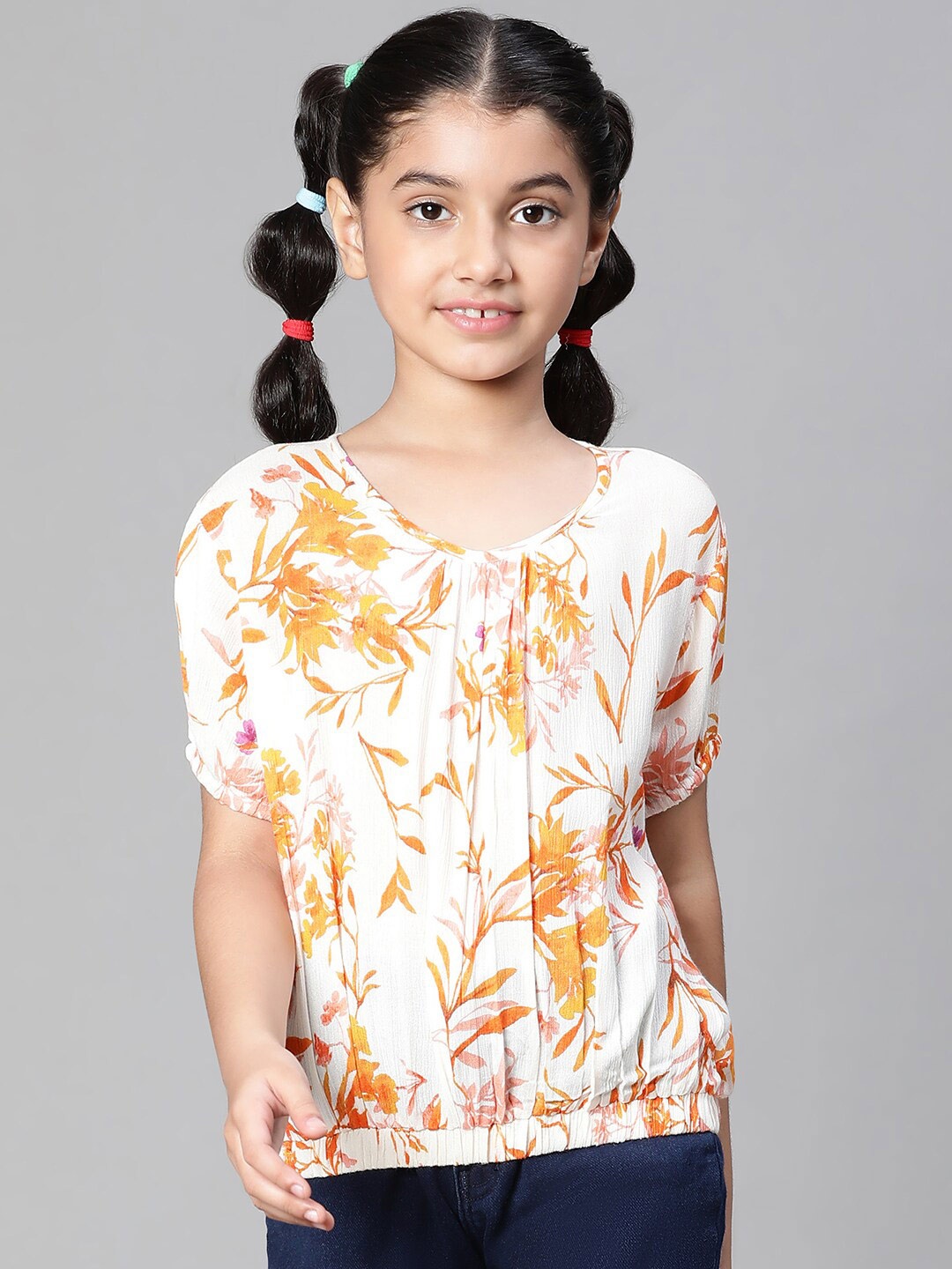 

Oxolloxo Girls Floral Print Round Neck Elasticated Top, Orange