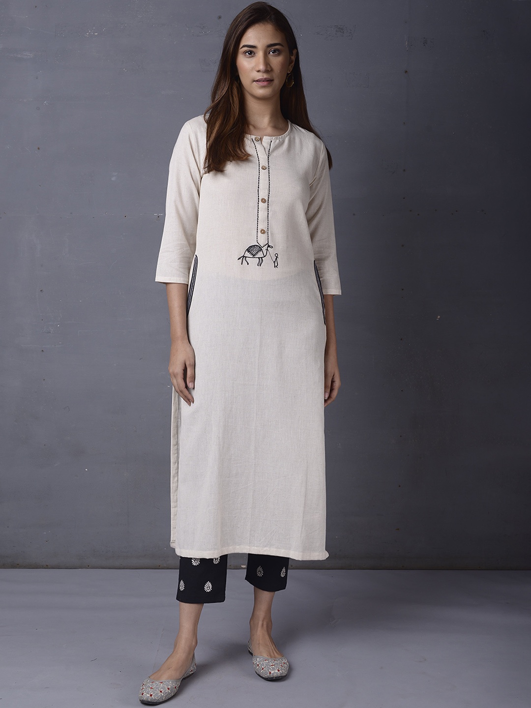 

PINKSKY Yoke or Border Design Pure Cotton Straight Kurta With Trousers, Off white