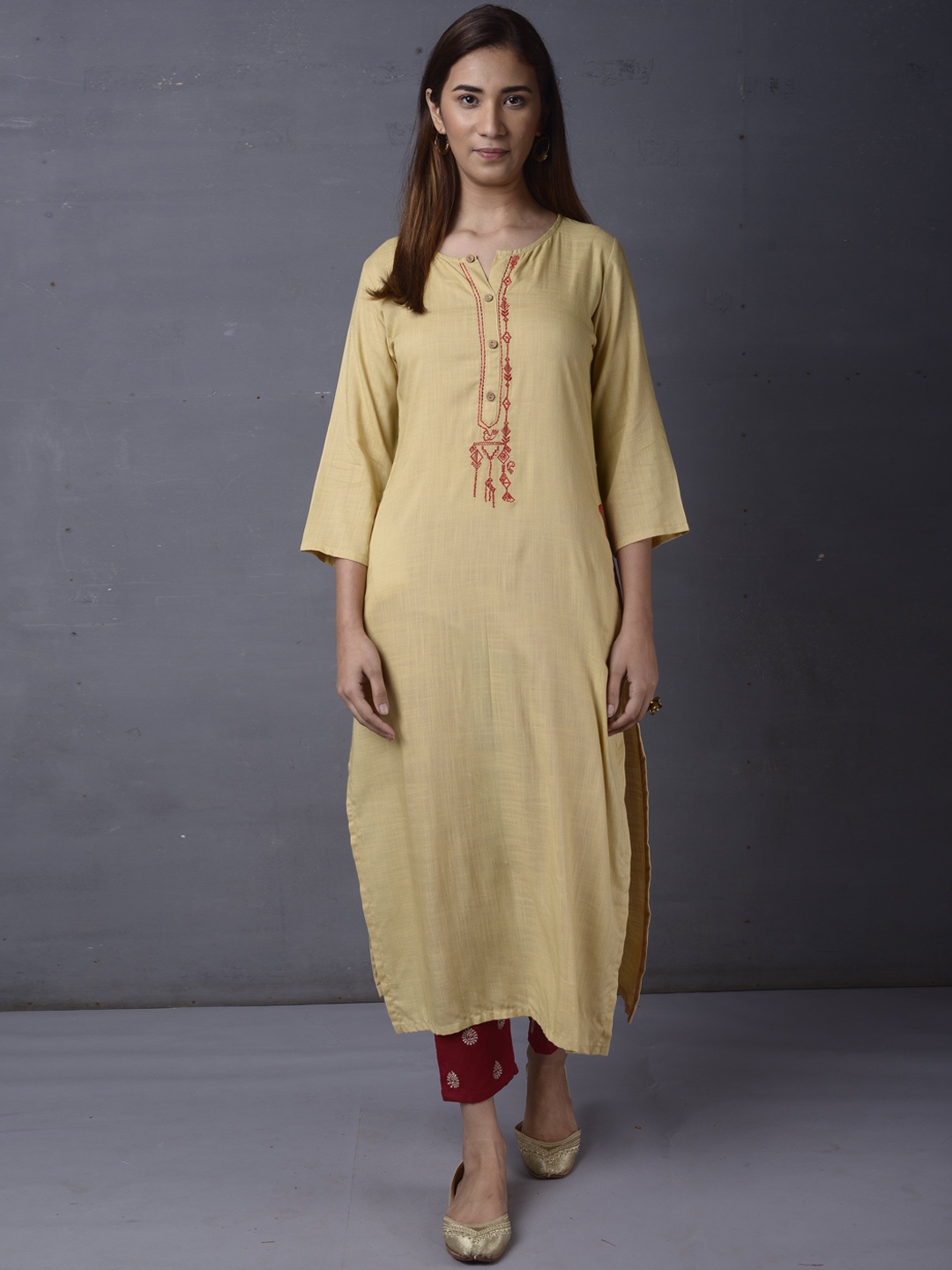 

PINKSKY Yoke or Border Design Straight Kurta With Trousers, Beige