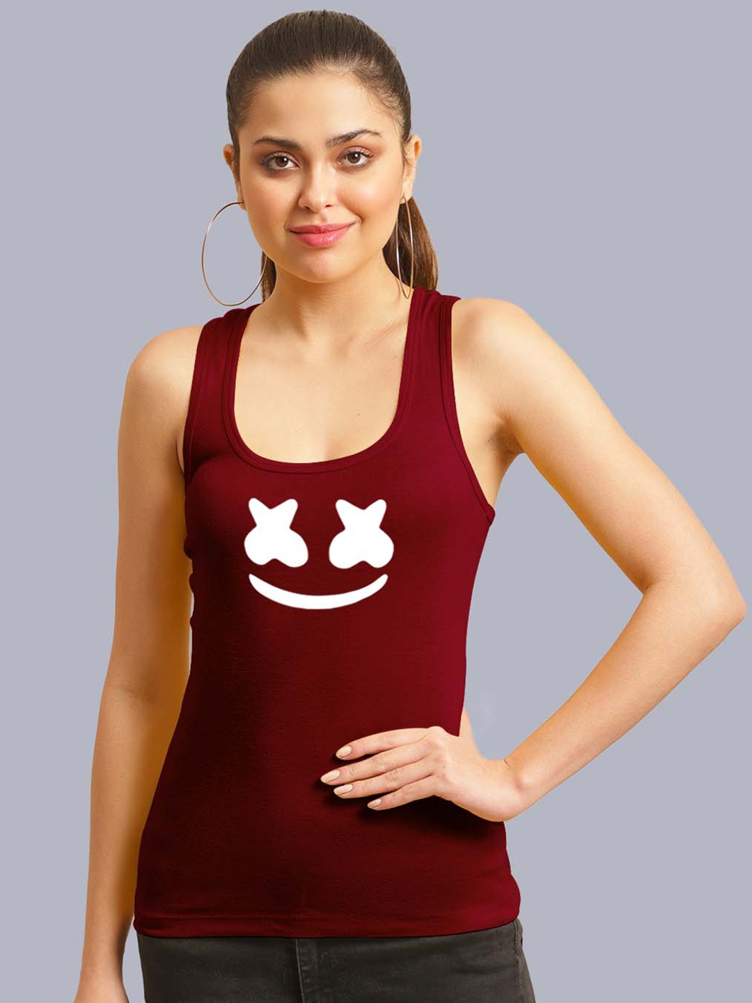 

FBAR Graphic Printed Scoop Neck Shoulder Strap Cotton Tank Top, Maroon