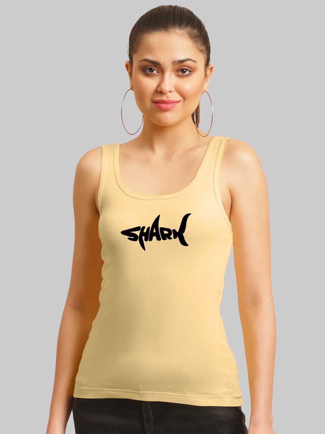 

FBAR Scoop Neck Typography Printed Cotton Tank Top, Beige