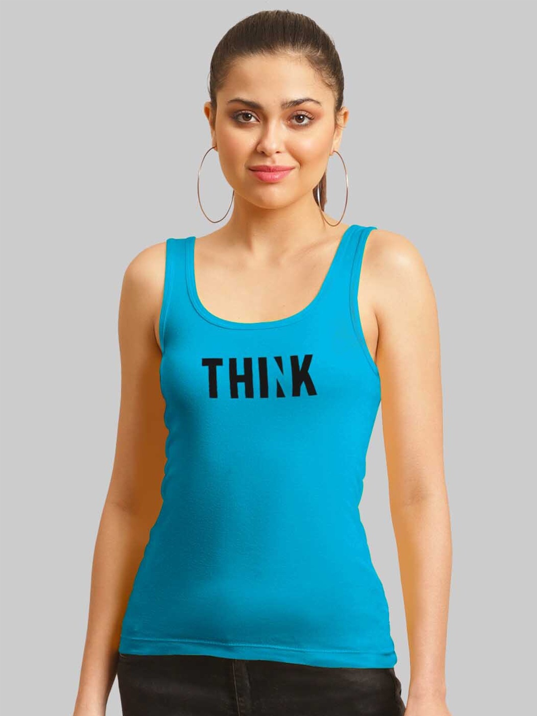 

FBAR Scoop Neck Typography Printed Cotton Tank Top, Turquoise blue