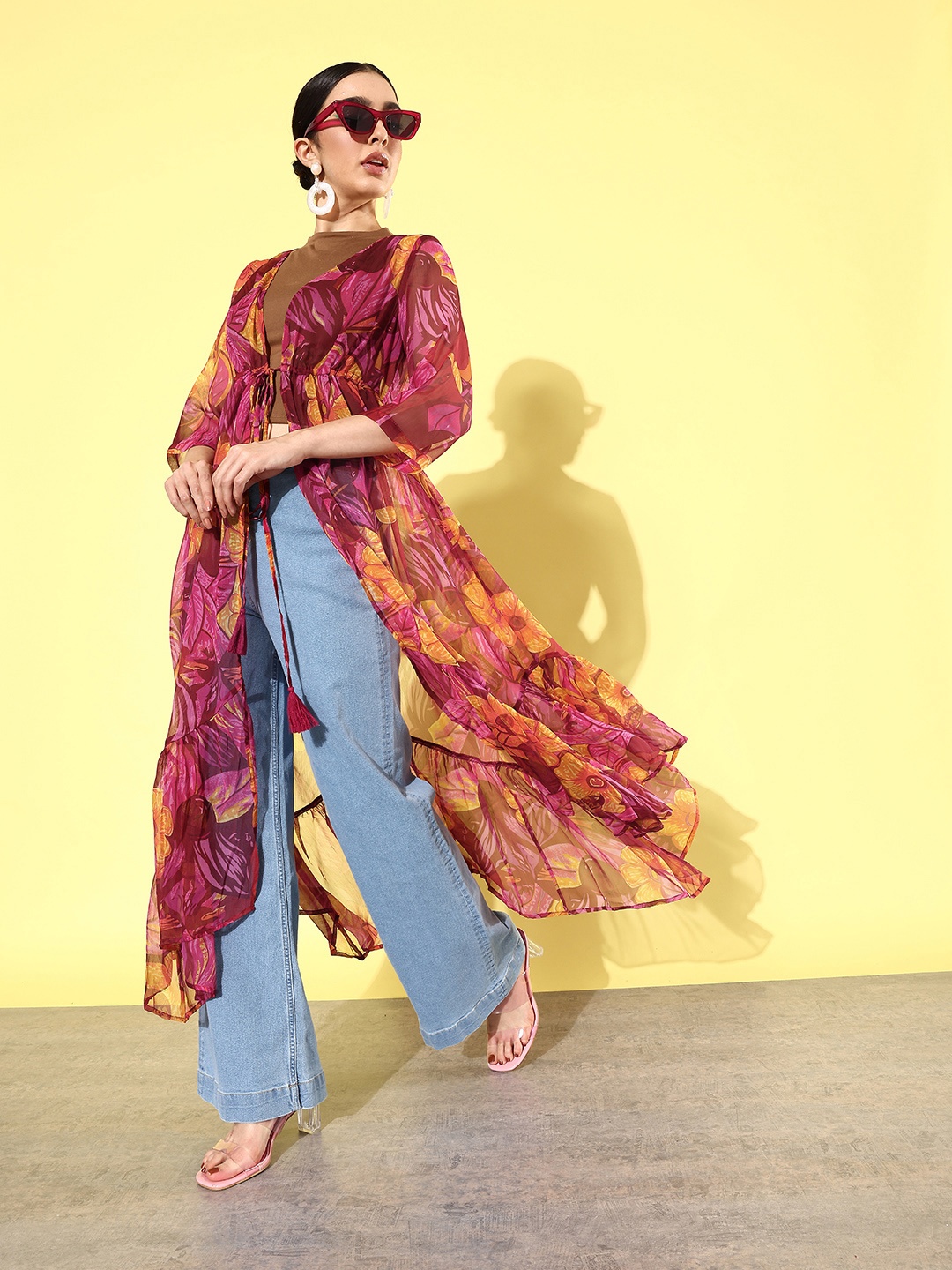 

QUIERO Floral Printed Longline Tie-Up Shrug, Maroon