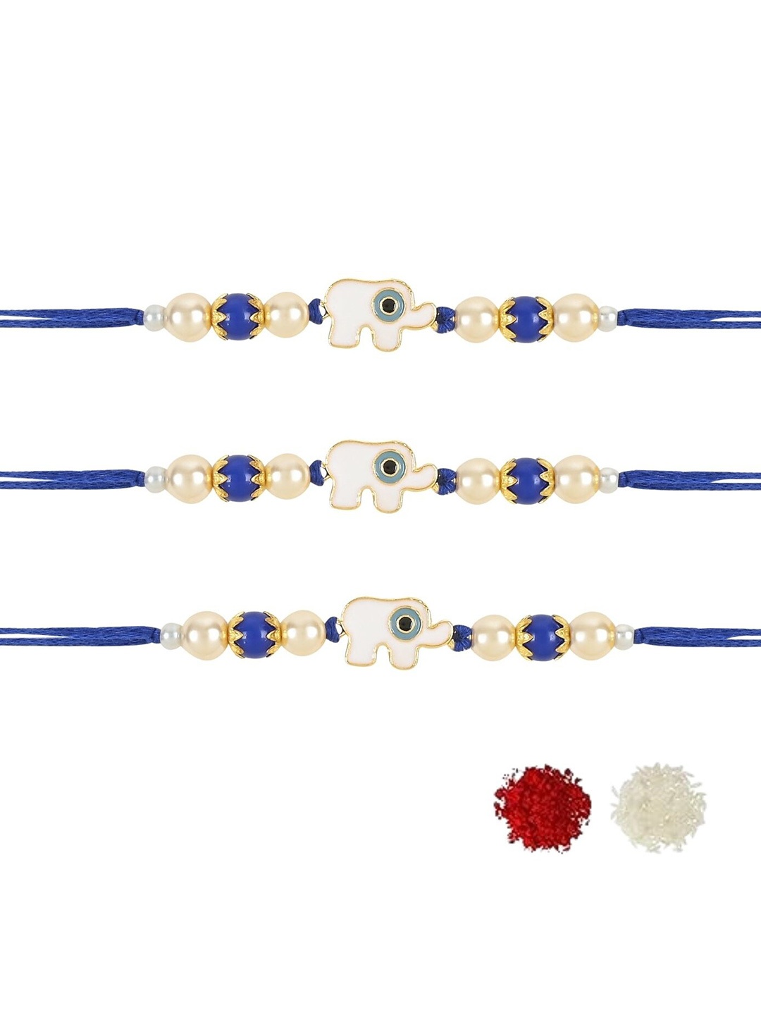 

I Jewels Set Of 3 Designer Elephant Enamel Evil Eye Rakhis With Roli & Chawal, Blue