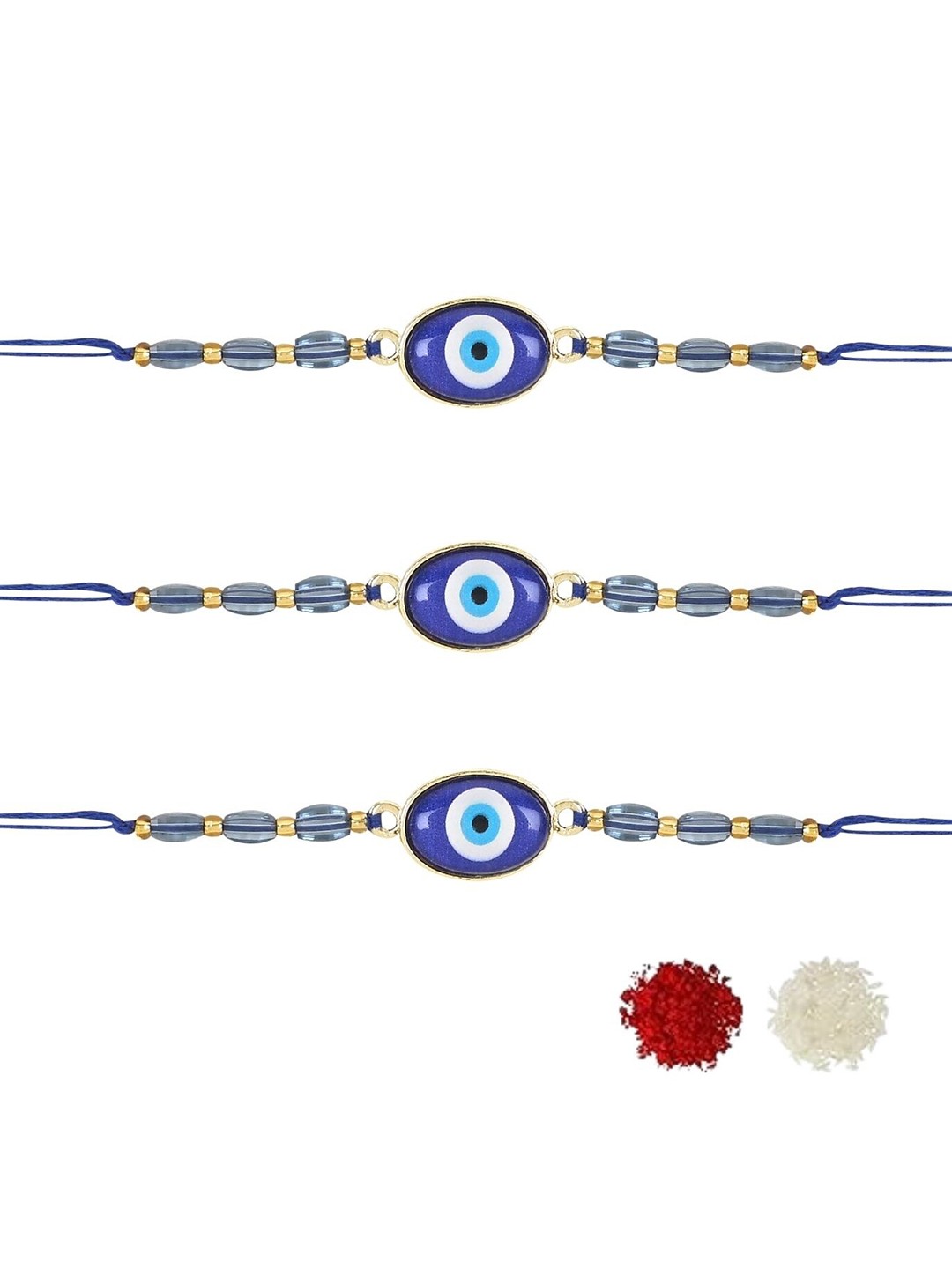 

I Jewels Men Set Of 3 Kundan-Studded Rakhi With Roli & Chawal, Blue