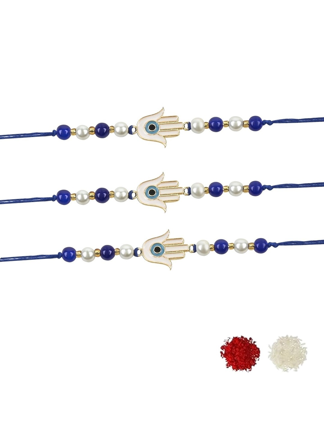 

I Jewels Set 3 Hamsa Shape Enamel Evil Eye Rakhi With Roli & Chawal, Blue