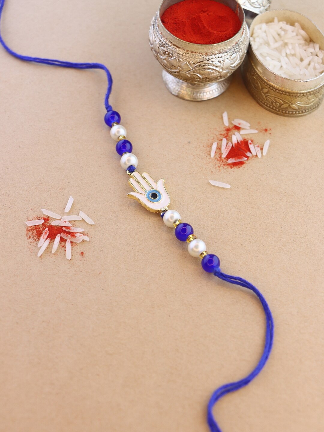 

I Jewels Men Hamsa Shape Enamel Evil Eye Charm Detail Rakhi, Blue