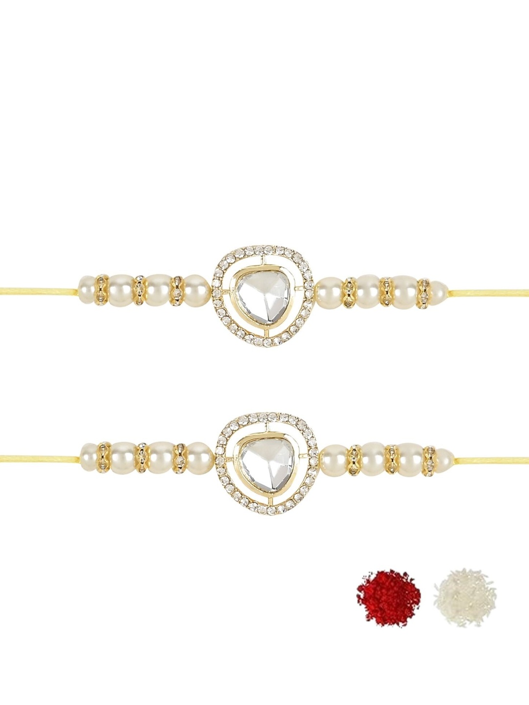 

I Jewels Men Set Of 2 Kundan-Studded Rakhi With Roli Chawal, Gold