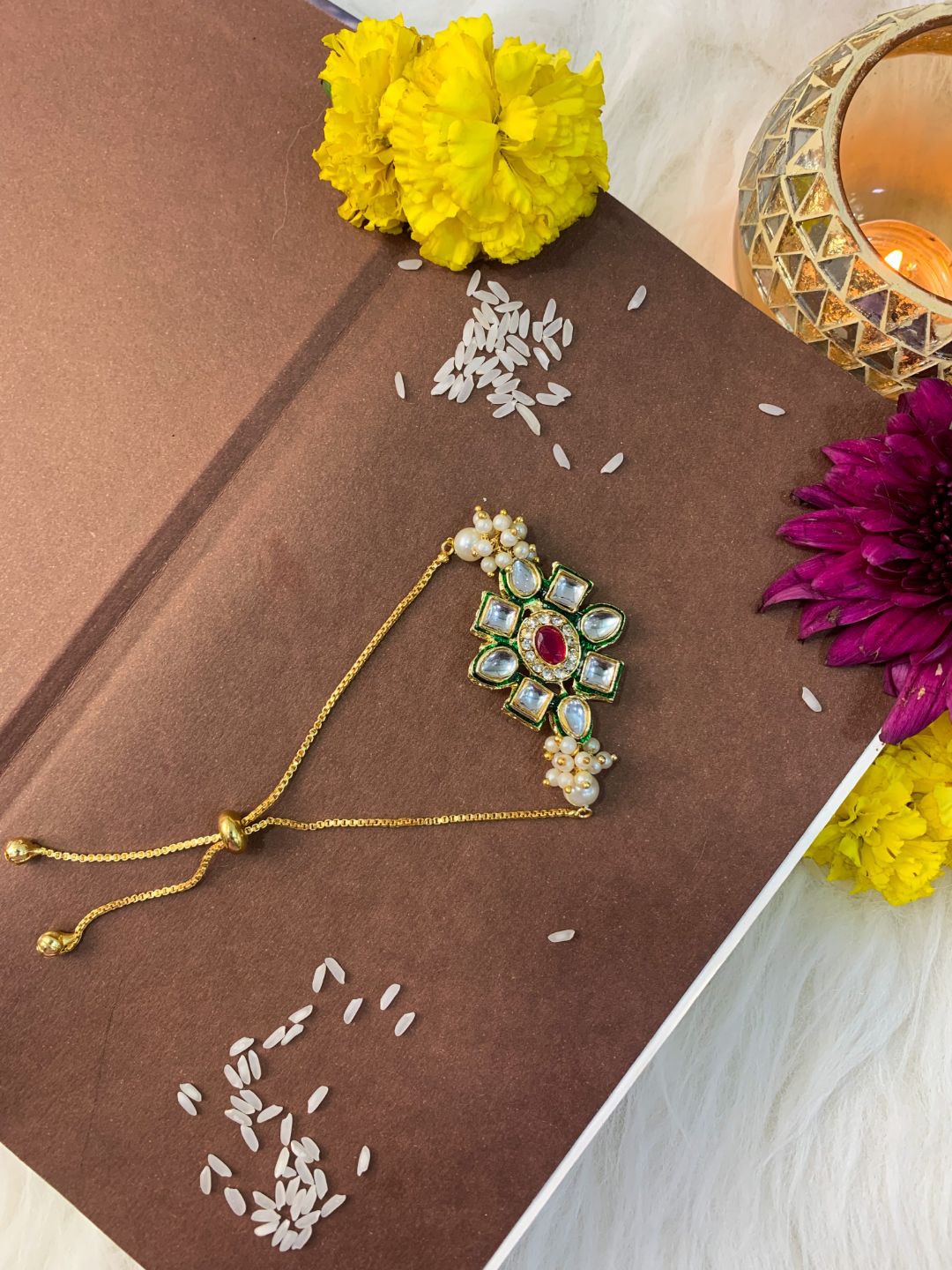 

I Jewels Men Kundan-Studded Lumba Rakhi With Roli Chwal, Gold