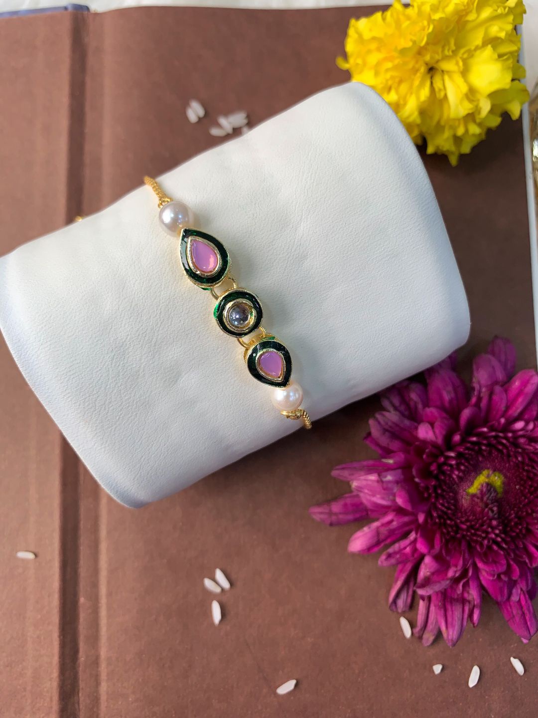 

I Jewels Men Kundan-Studded Lumba Rakhi With Roli Chwal, Gold