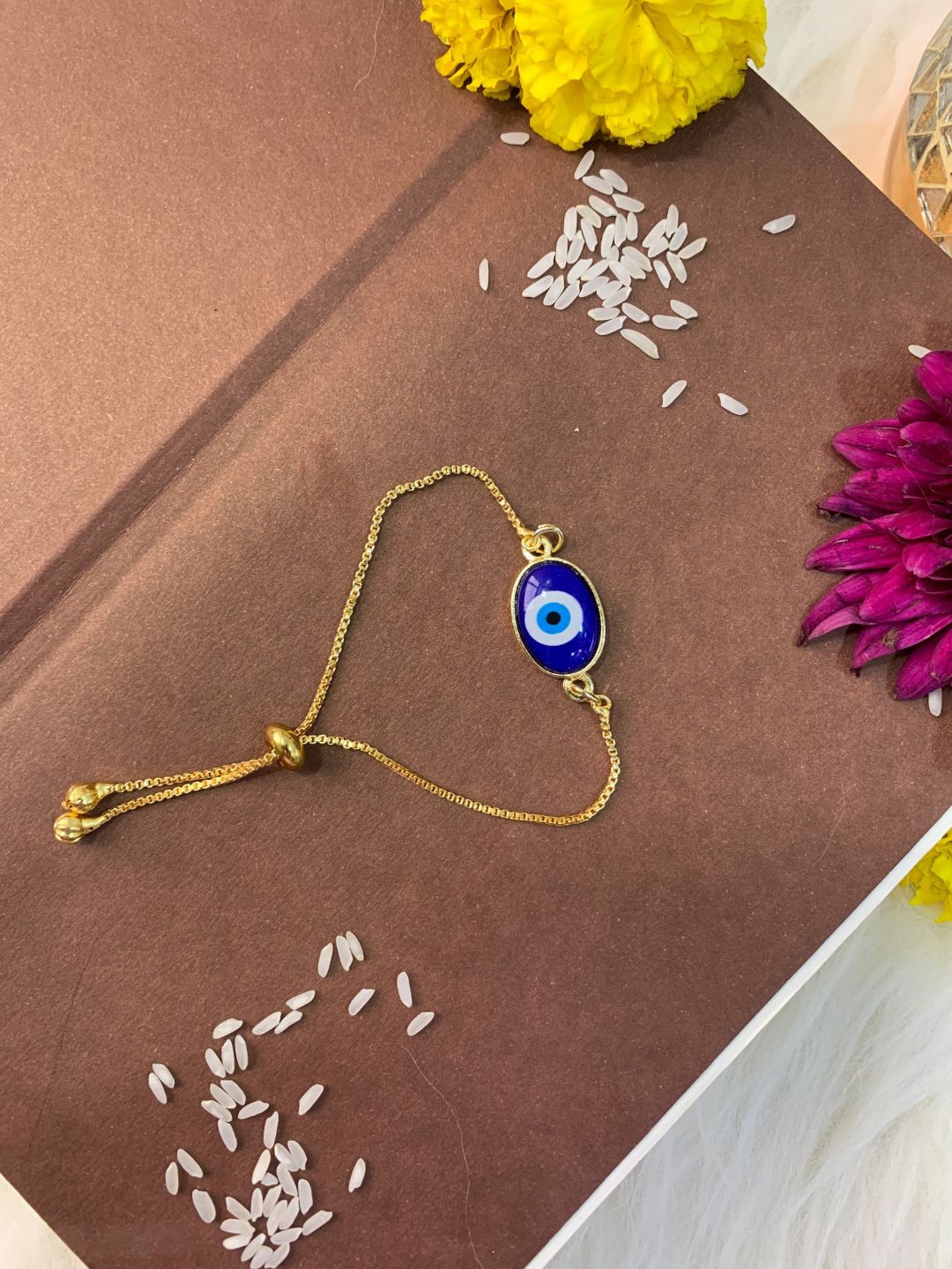 

I Jewels Men Enamel Evil Eye Rakhi Hanging Lumba Rakhi With Roli & Chawal, Gold