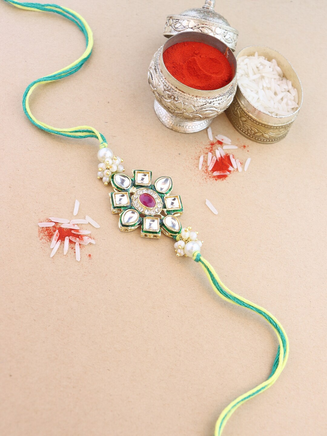 

I Jewels Men Stone-Studded & Beaded Rakhi With Roli Chwal, Green