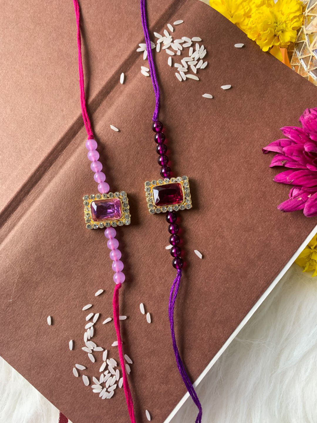 

I Jewels Men Set Of 2 Stone-Studded & Beaded Rakhi With Roli Chawal & Greeting Card, Purple
