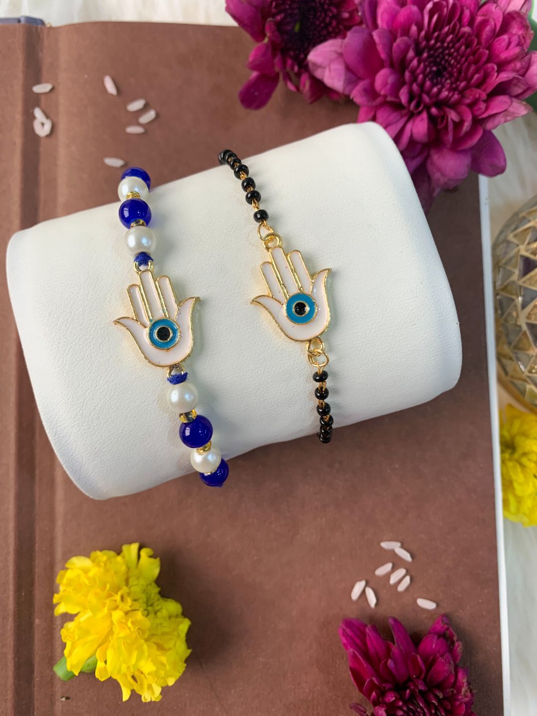 

I Jewels Set Of 2 Evil Eye Bhaiya Bhabhi Mangalsutra Bracelet Rakhi Set, Blue