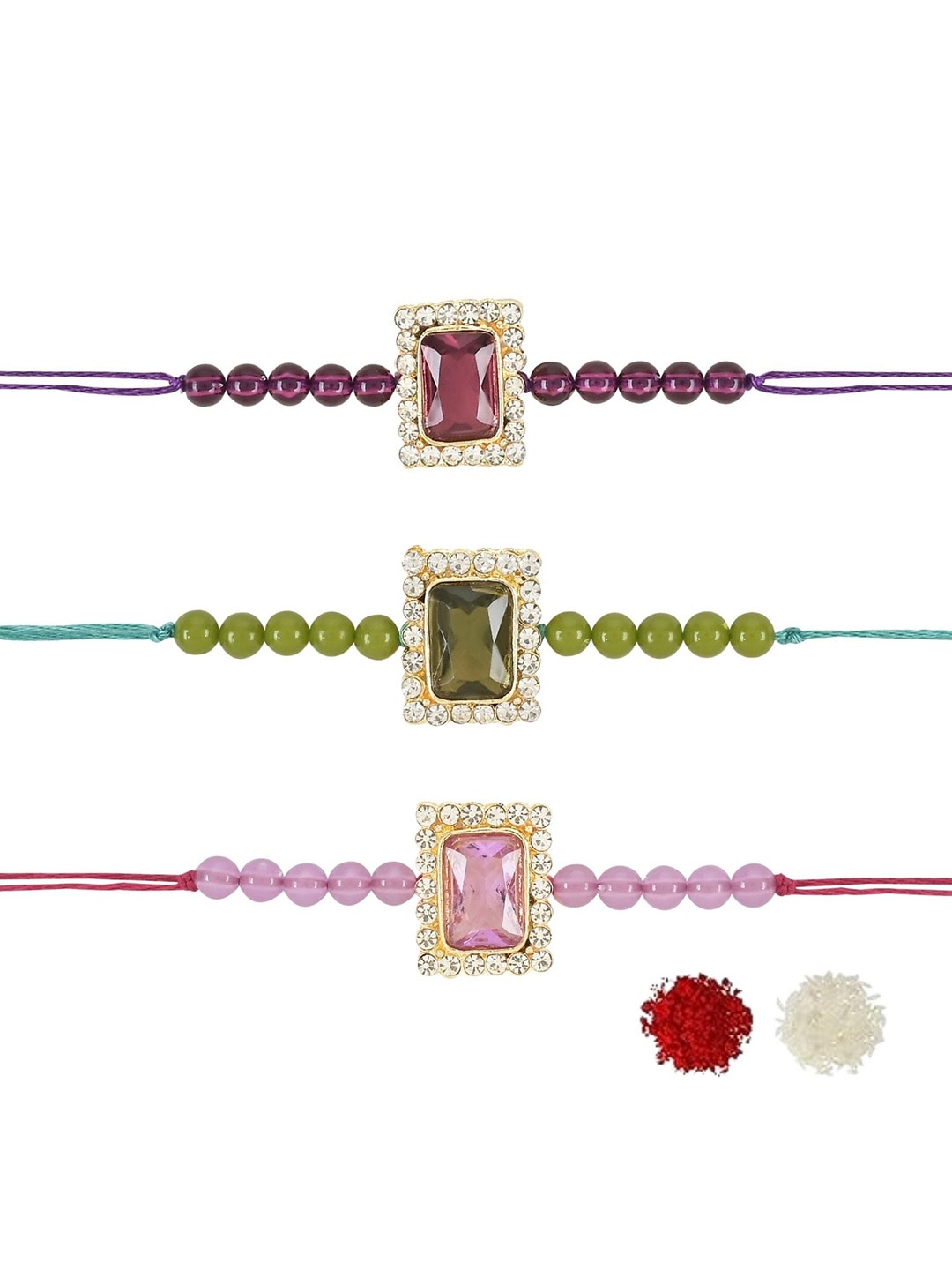 

I Jewels Set Of 3 Kundan-Studded & Beaded Rakhi, Purple