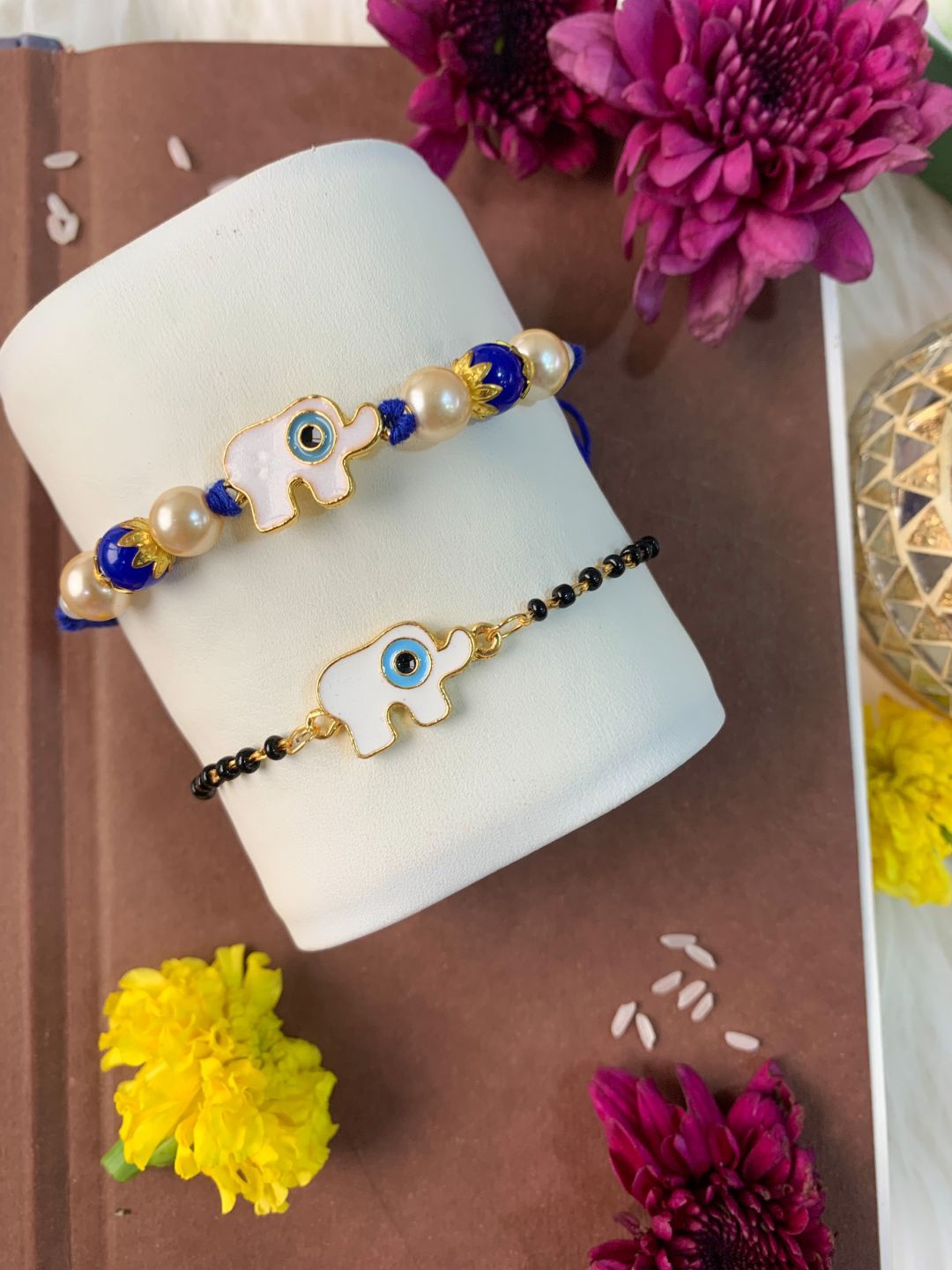 

I Jewels Set Of 2 Evil Eye Bhaiya Bhabhi Mangalsutra Bracelet Rakhi Set, Multi