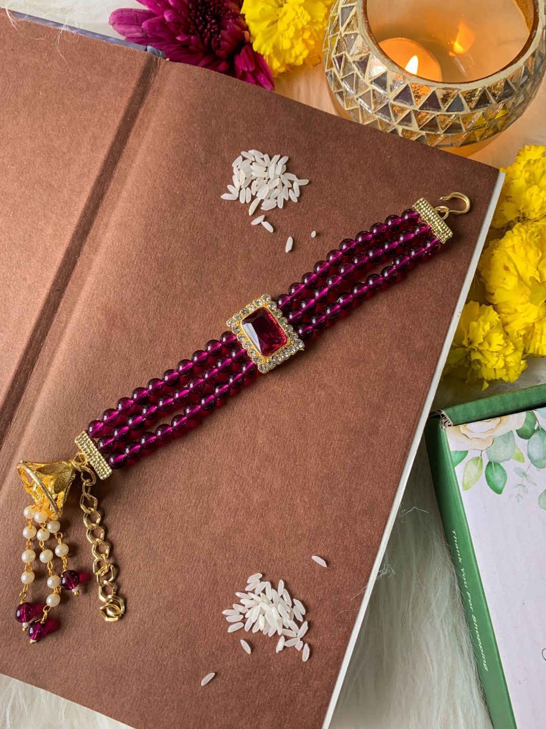 

I Jewels Gold Plated Stone-Studded & Beaded Hanging Lumba Rakhi