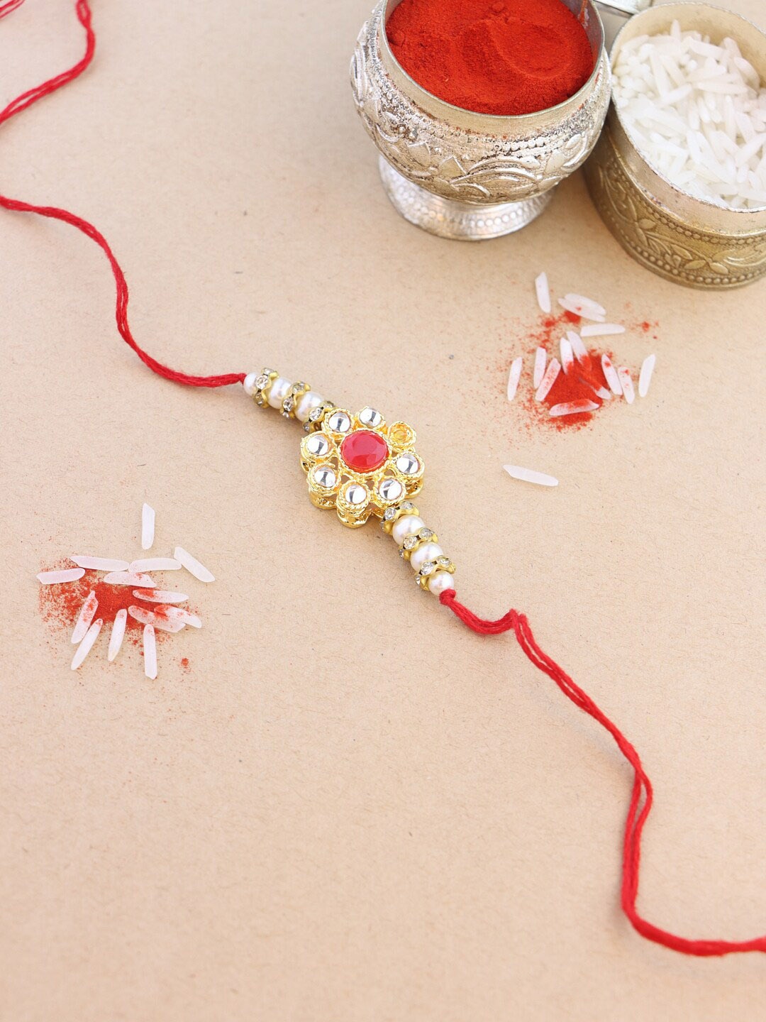 

I Jewels Kundan-Studded & Beaded Rakhi With Roli Chawal, Red
