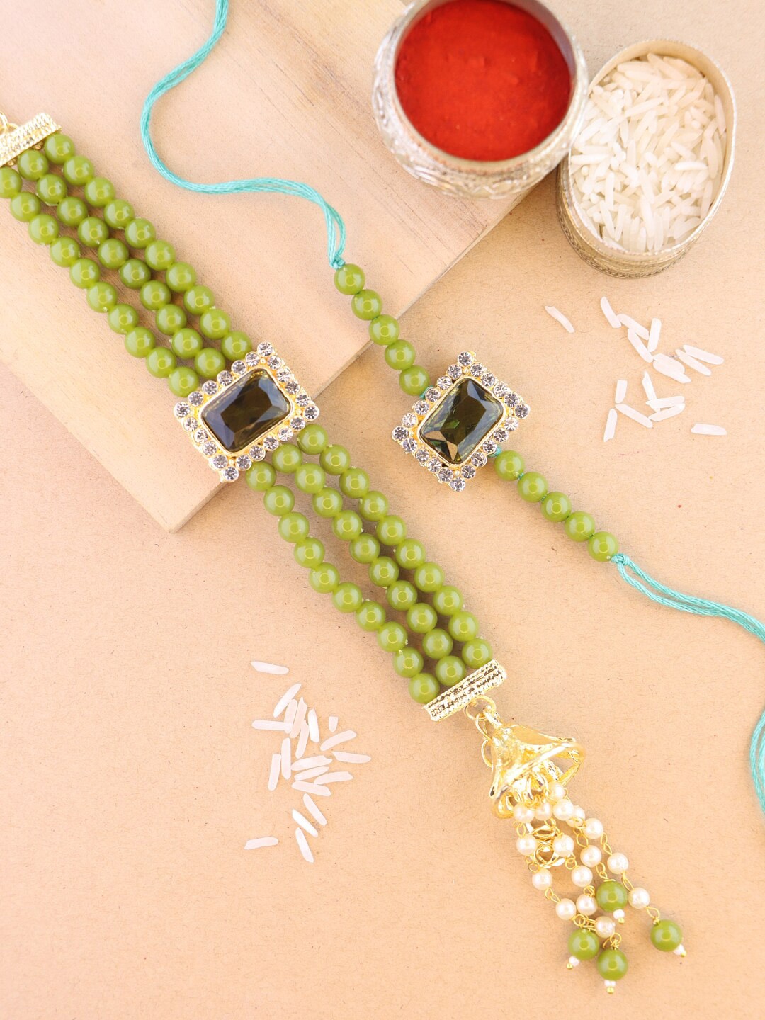 

I Jewels Set of 2 Mehandi & Bhaiya Bhabhi Rakhi set, Green